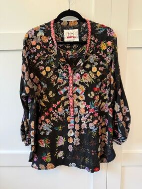 Biya Johnny Was Brigette Black Embroidered Silk Floral Button Down Blouse